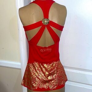 NEW Y2K Dereon Open back stay halter top with Fleur Gold Logo M